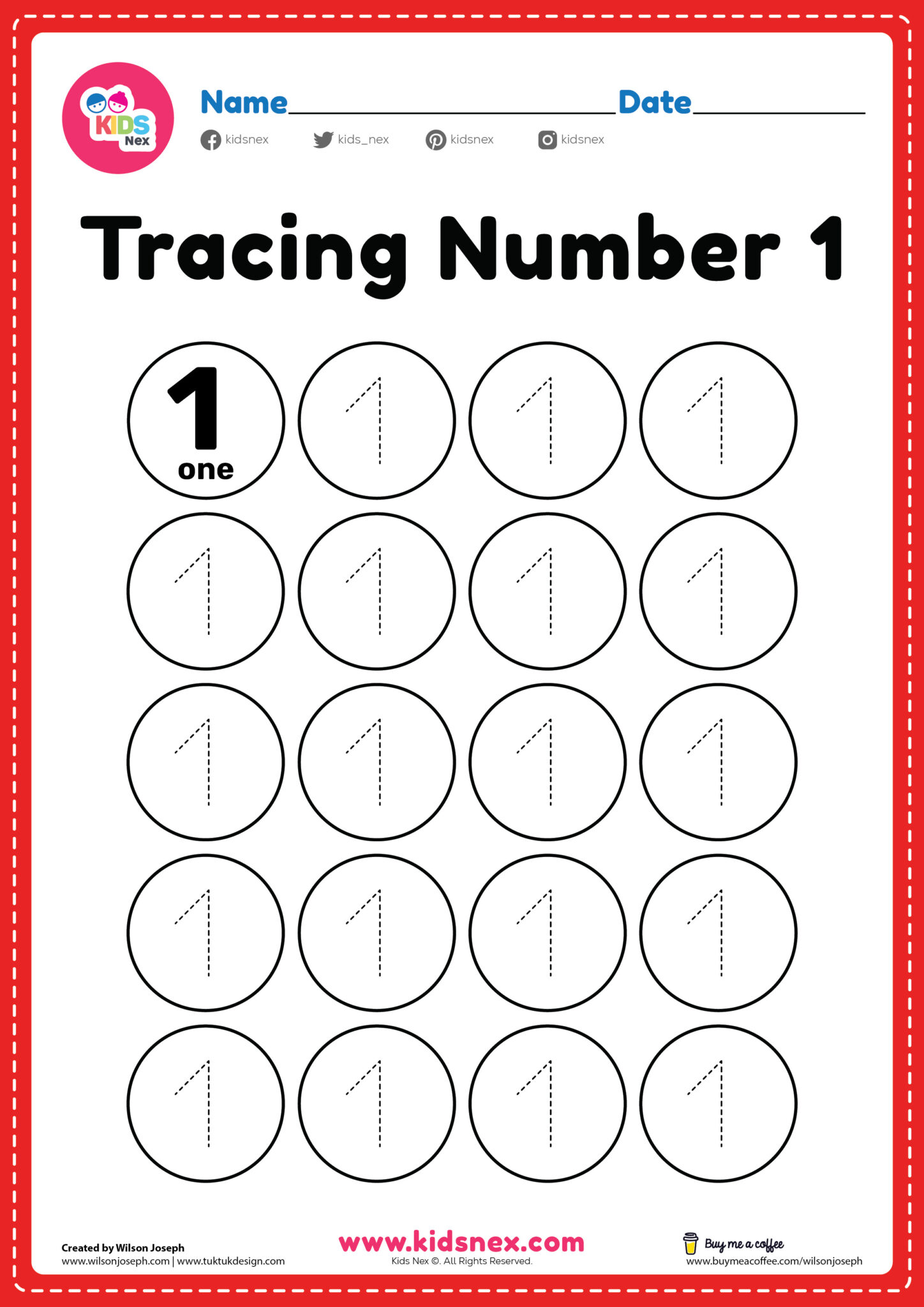 Tracing Number 1 Handwriting Practice - Free PDF Printable