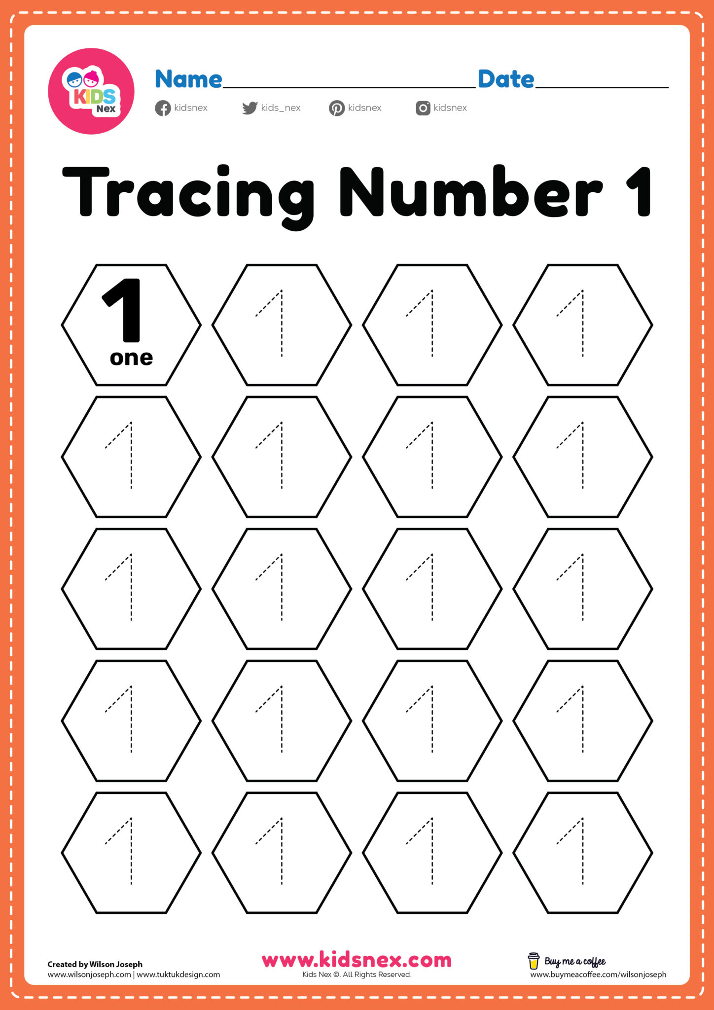 Preschool Number 1 Tracing Worksheet PDF Printable For Kindergarten