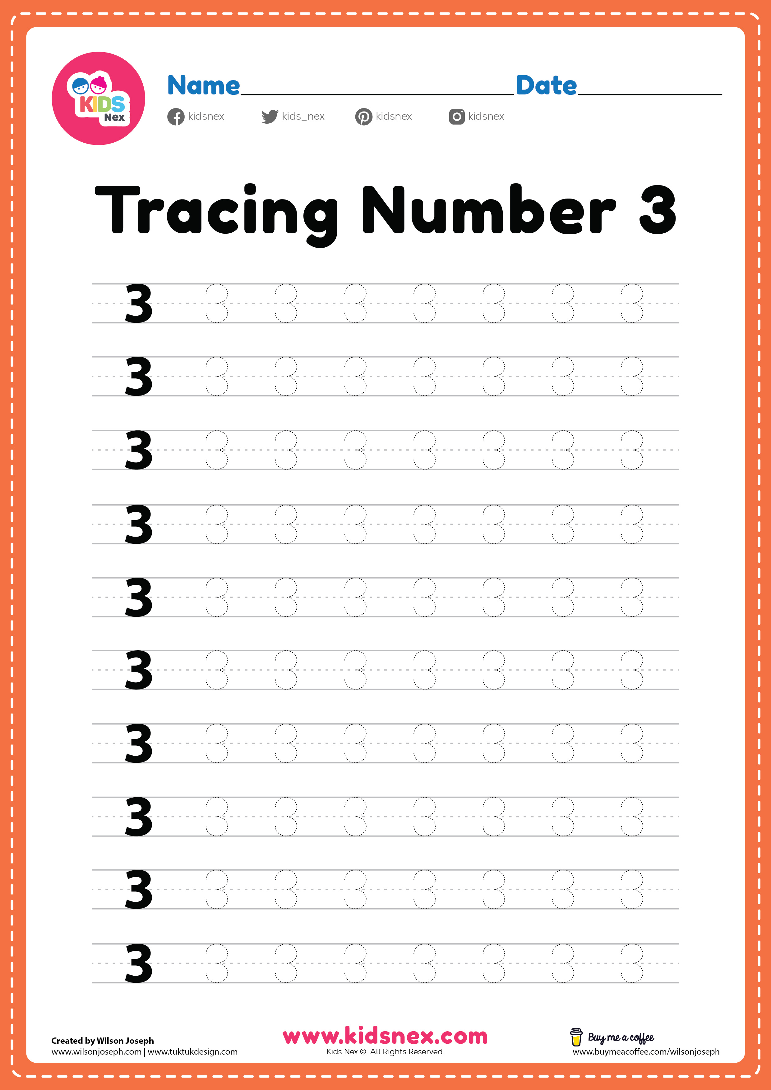 Tracing Number 3 Worksheet For Kindergarten Free PDF
