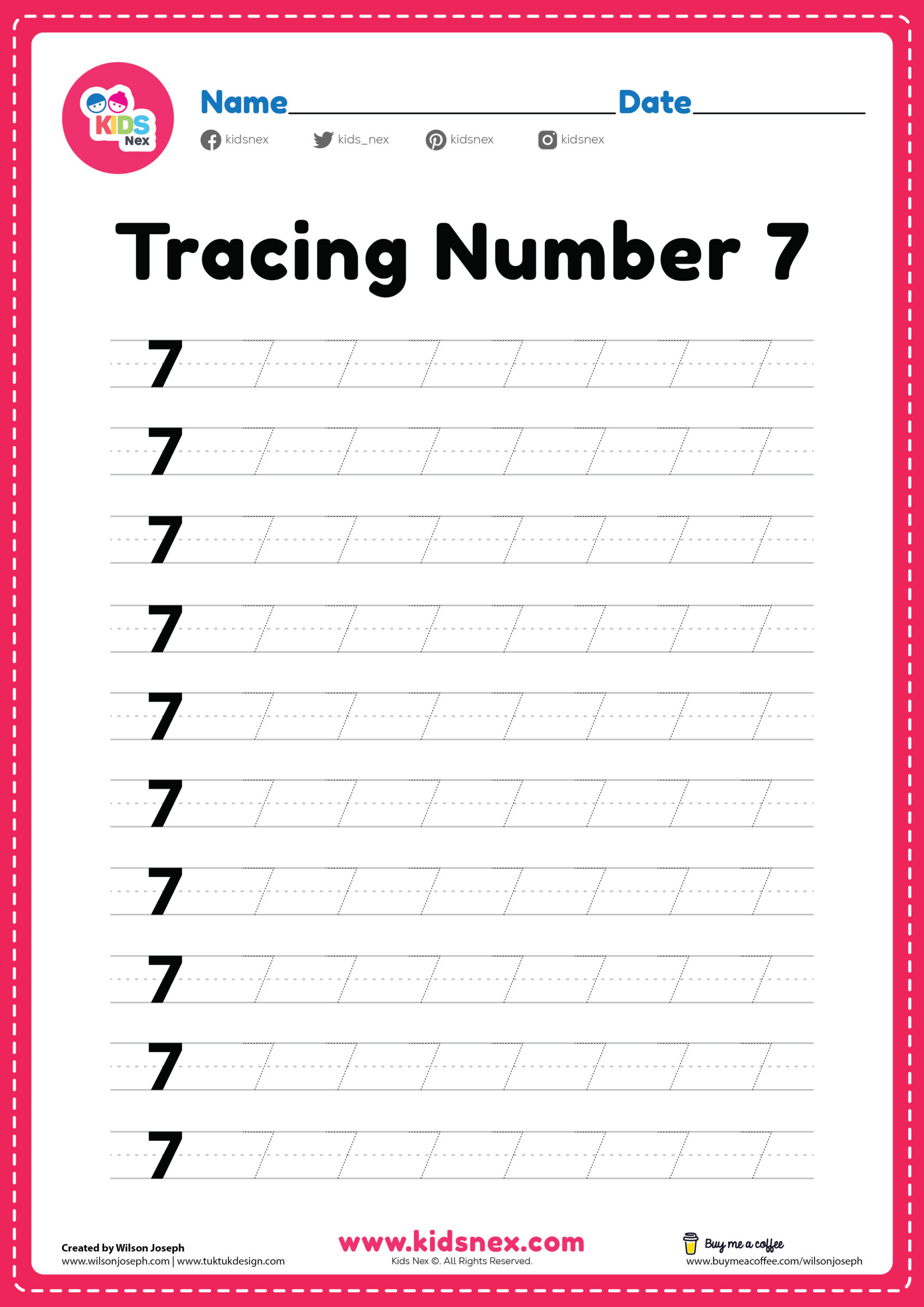 Tracing Number 7 Worksheet Free Printable PDF For Kids