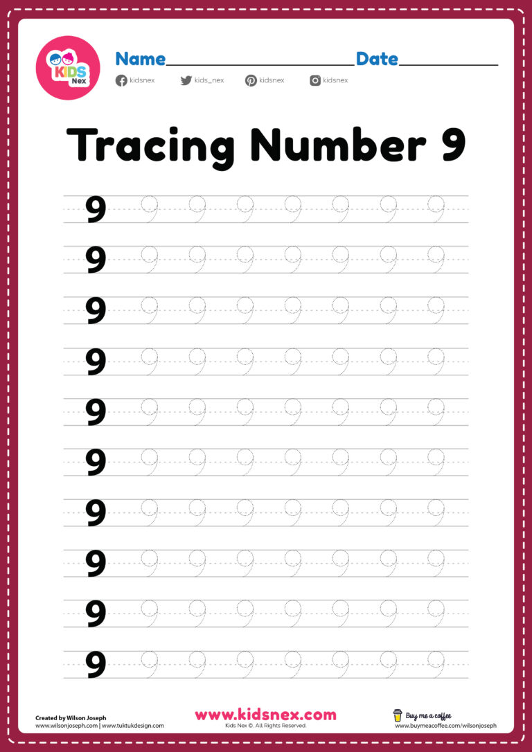 Tracing Number 9 Worksheet - Free Printable PDF for Kids