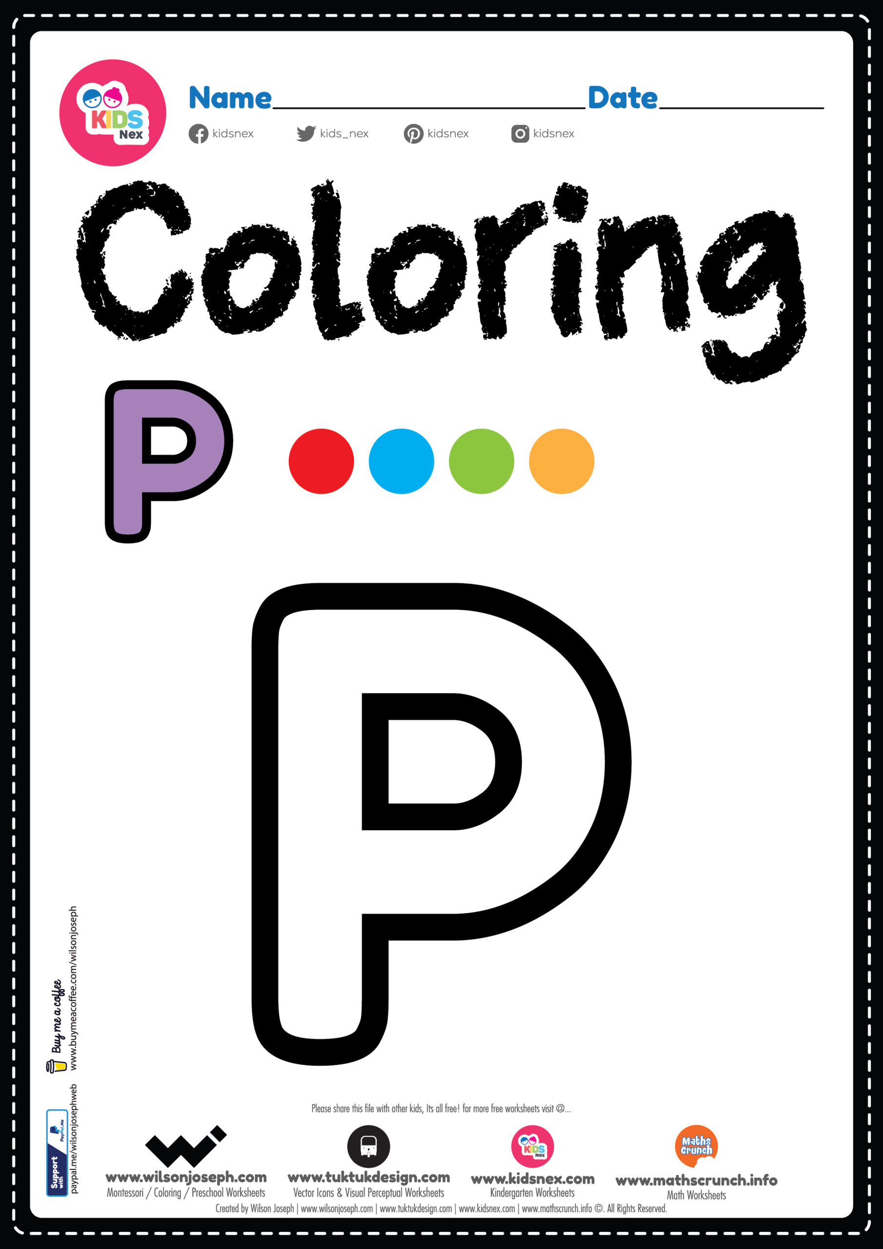 Letter P Alphabet Coloring Page Worksheet Free Printable PDF