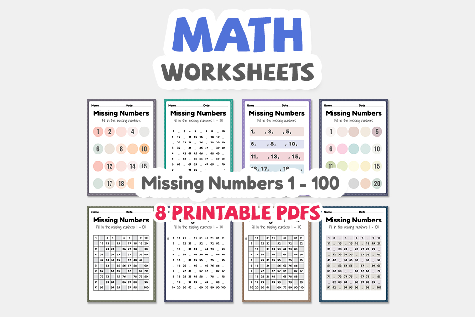 Maths worksheets, missing numbers 1 to 100 printable sheet