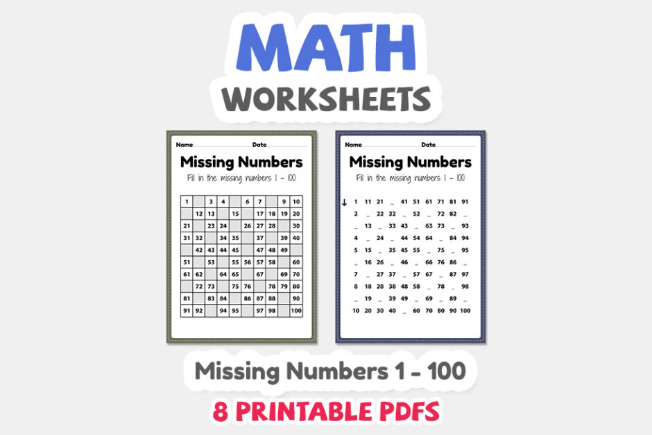 Maths worksheets, missing numbers 1 to 100 printable sheet for p